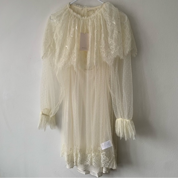 NWT Doen Lilith Lace Tulle Ruffle Collar Long Sleeve Mini Dress Crème de Lune - Picture 9 of 16